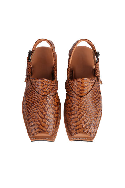 Eddie Men's Real Cow Leather Snake Print Peshawari Chappal Tan-3