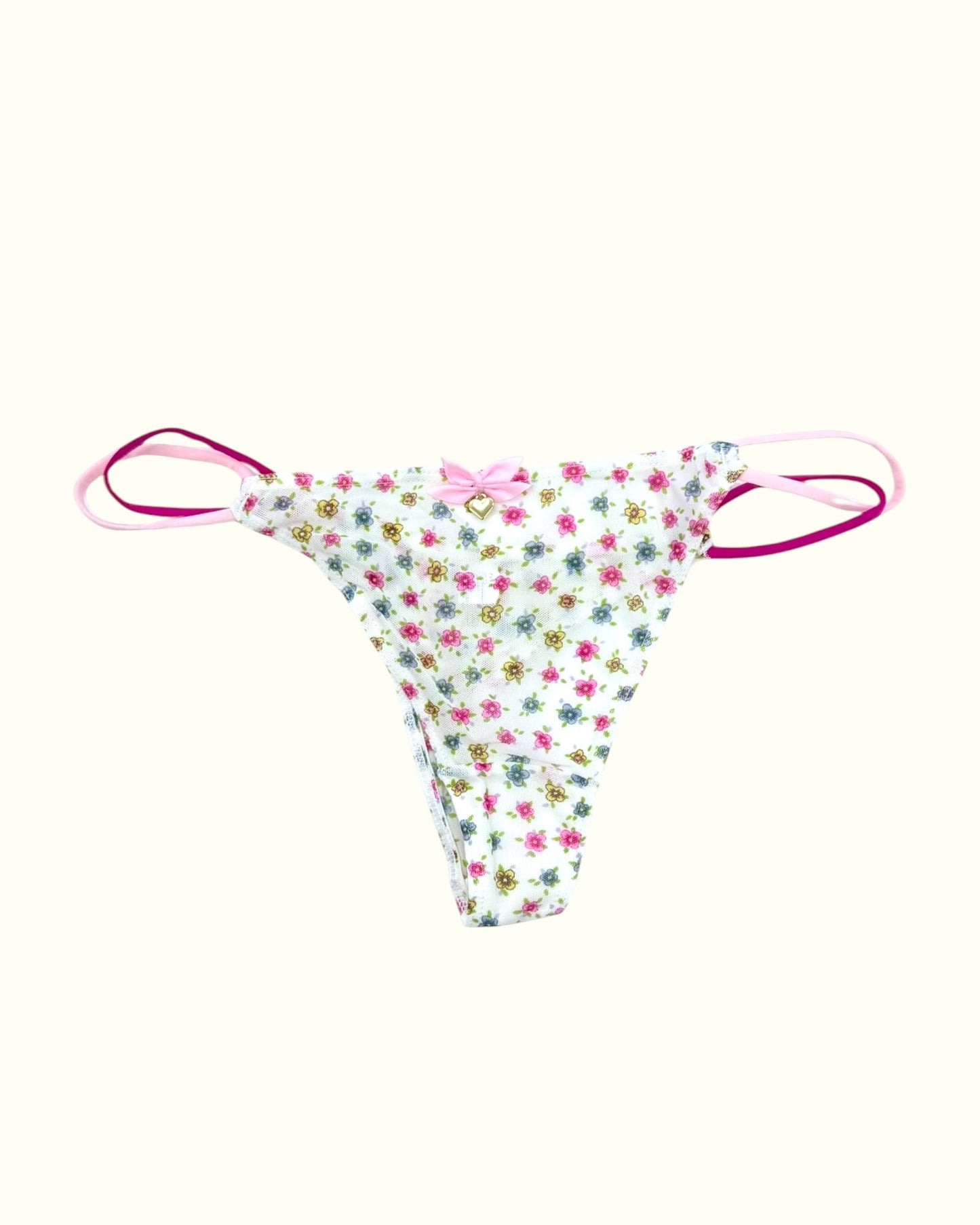 Floral String Thong with Bow and Heart Charm-0