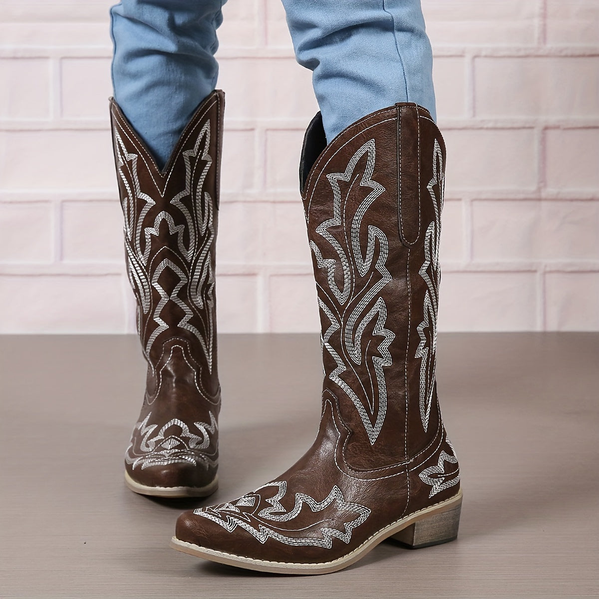 Women's Western Mid Calf Boots, V-cut Embroidery Cowgirl Boots, Retro Style Pointed Toe Slip On Shoes