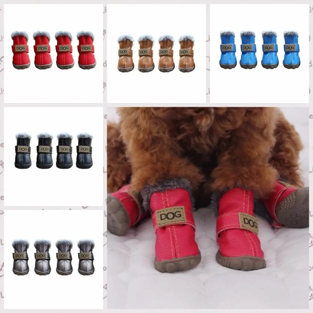 Fashion Warm Pet Snow Boots Soft Waterproof Winter Pet Dog Shoes Non Slip Plush/PU for 4Pcs/Set Winter