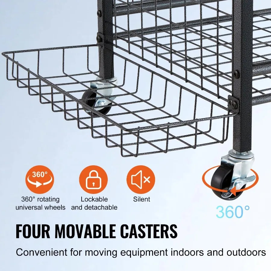 Sports Equipment Garage Organizer Rolling Ball Storage Cart on Wheels Basketball Rack with Baskets and Hooks Indoor Outdoor Sp