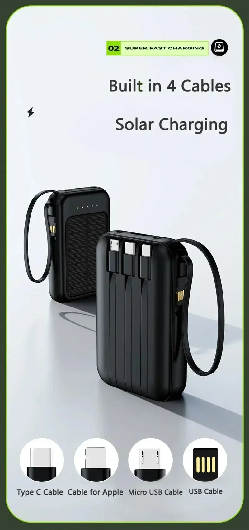 Solar Power Bank 20000mah Built-in Cable Solar Charger 2 USB Ports External Charger Power Bank with LED Light power bank New