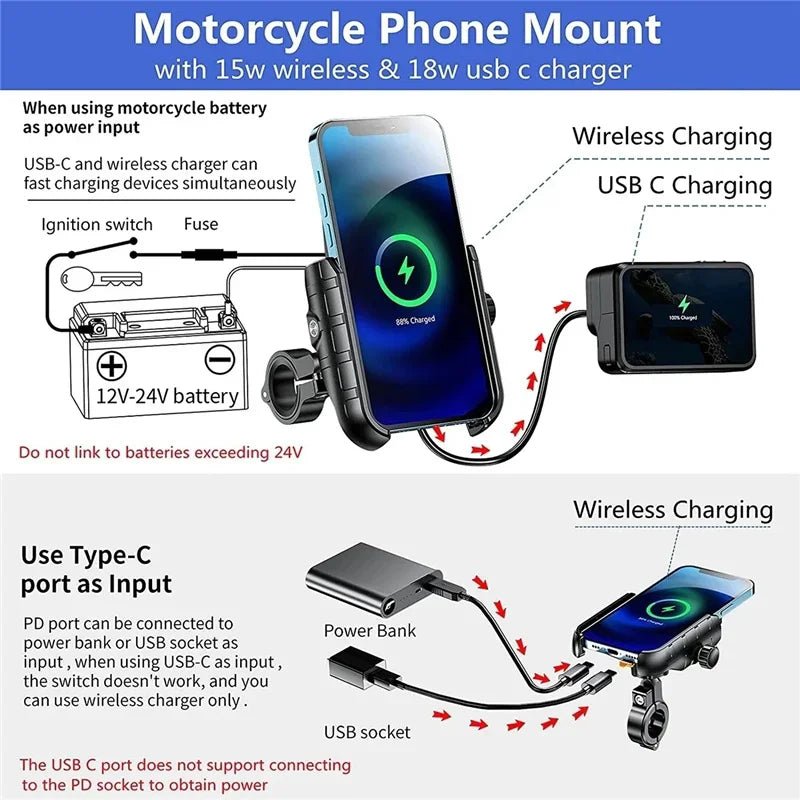 Wireless Charger Motorcycle Phone Holder Moto Motorbike Mirror Mobile Stand Support USB Fast Charging Cellphone Handlebar Mount