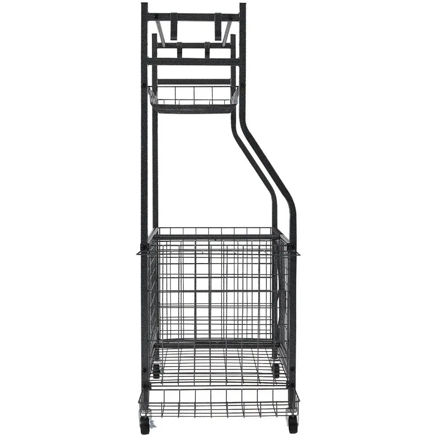 Sports Equipment Garage Organizer Rolling Ball Storage Cart on Wheels Basketball Rack with Baskets and Hooks Indoor Outdoor Sp