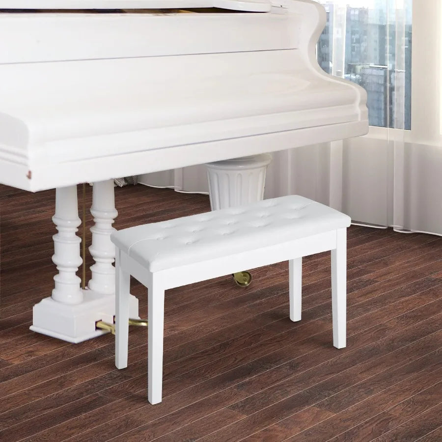 Piano Bench Duet Piano Chair with Faux Leather Padded Cushion and Wooden Frame Button Tufted Keyboard Bench White