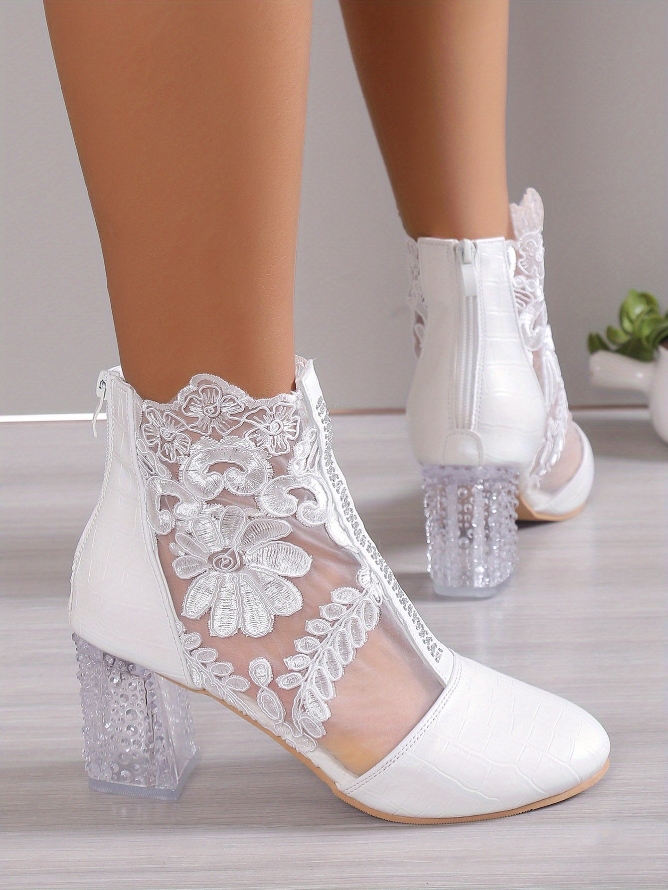 Women's Floral Print Lace Ankle Boots, Back Zipper Square High Heel Shoes, Round Toe Shoes