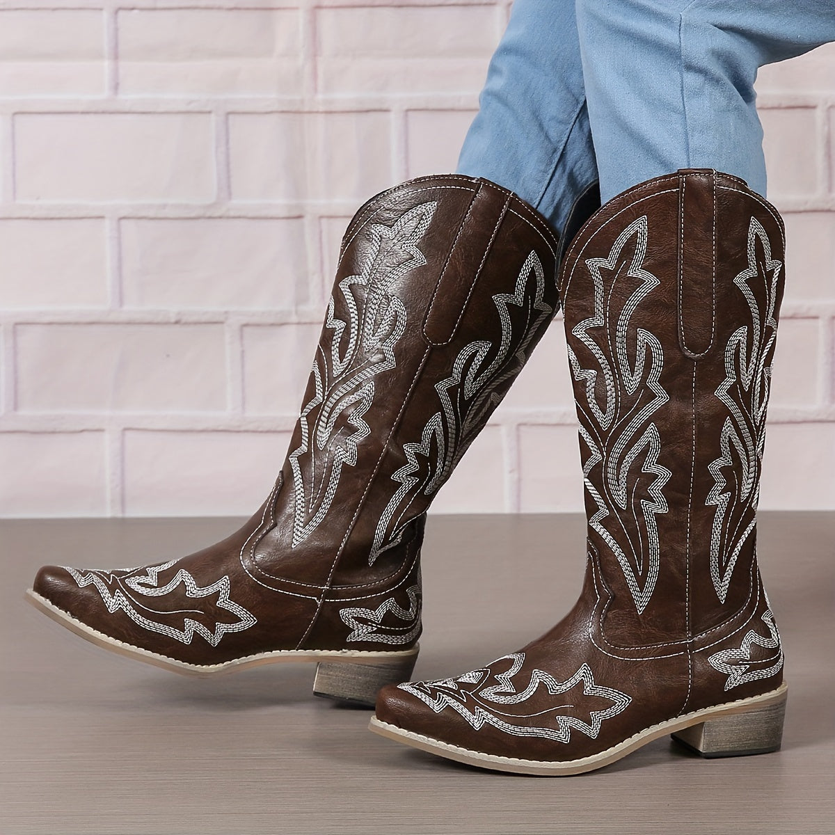 Women's Western Mid Calf Boots, V-cut Embroidery Cowgirl Boots, Retro Style Pointed Toe Slip On Shoes