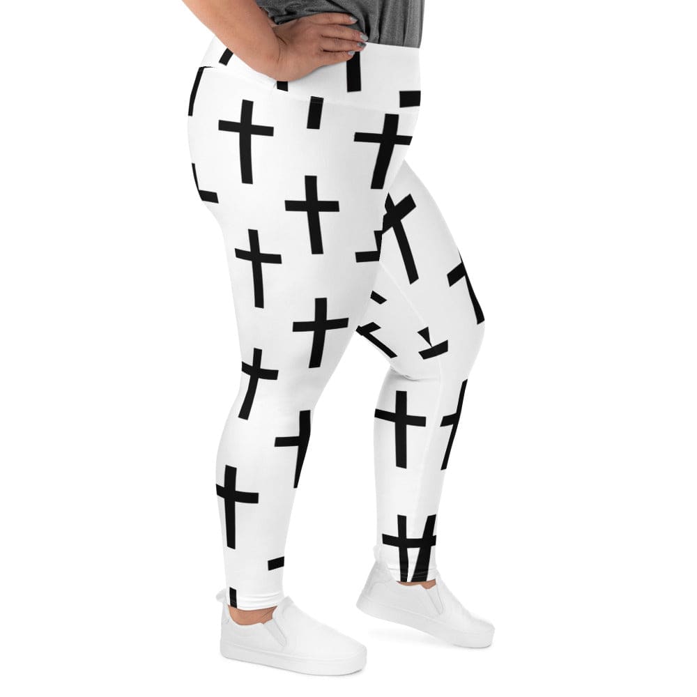 Womens Plus Size Fitness Leggings - White Black Cross Print-2
