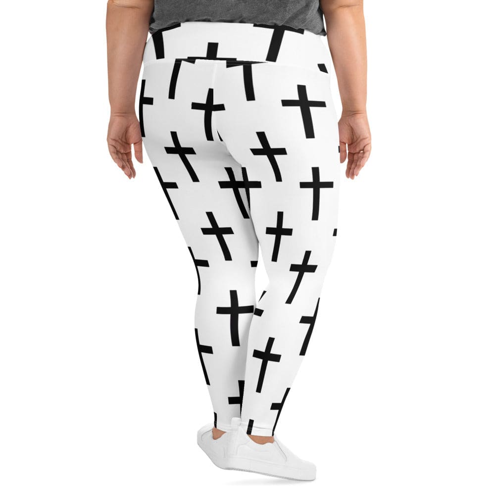 Womens Plus Size Fitness Leggings - White Black Cross Print-1