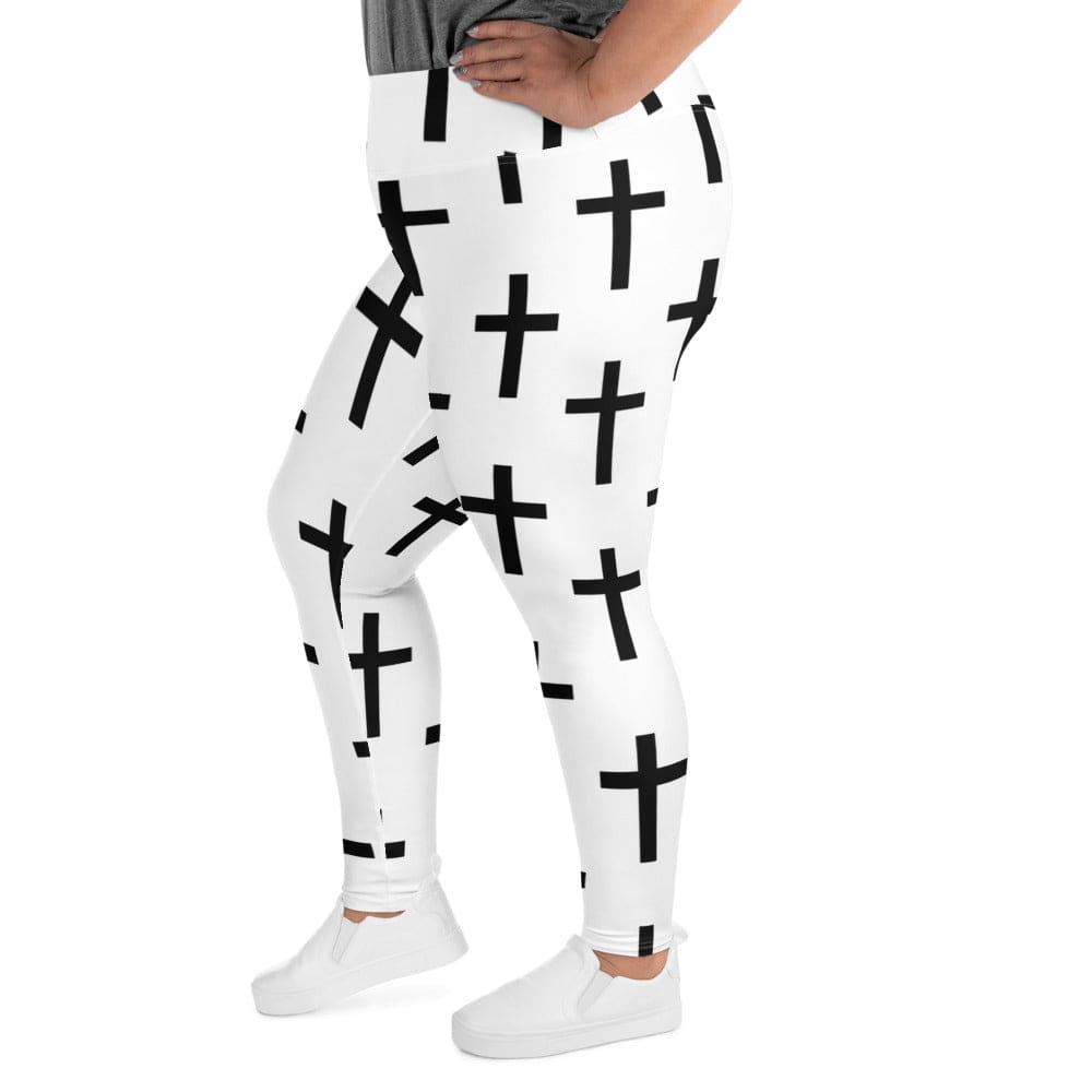 Womens Plus Size Fitness Leggings - White Black Cross Print-3