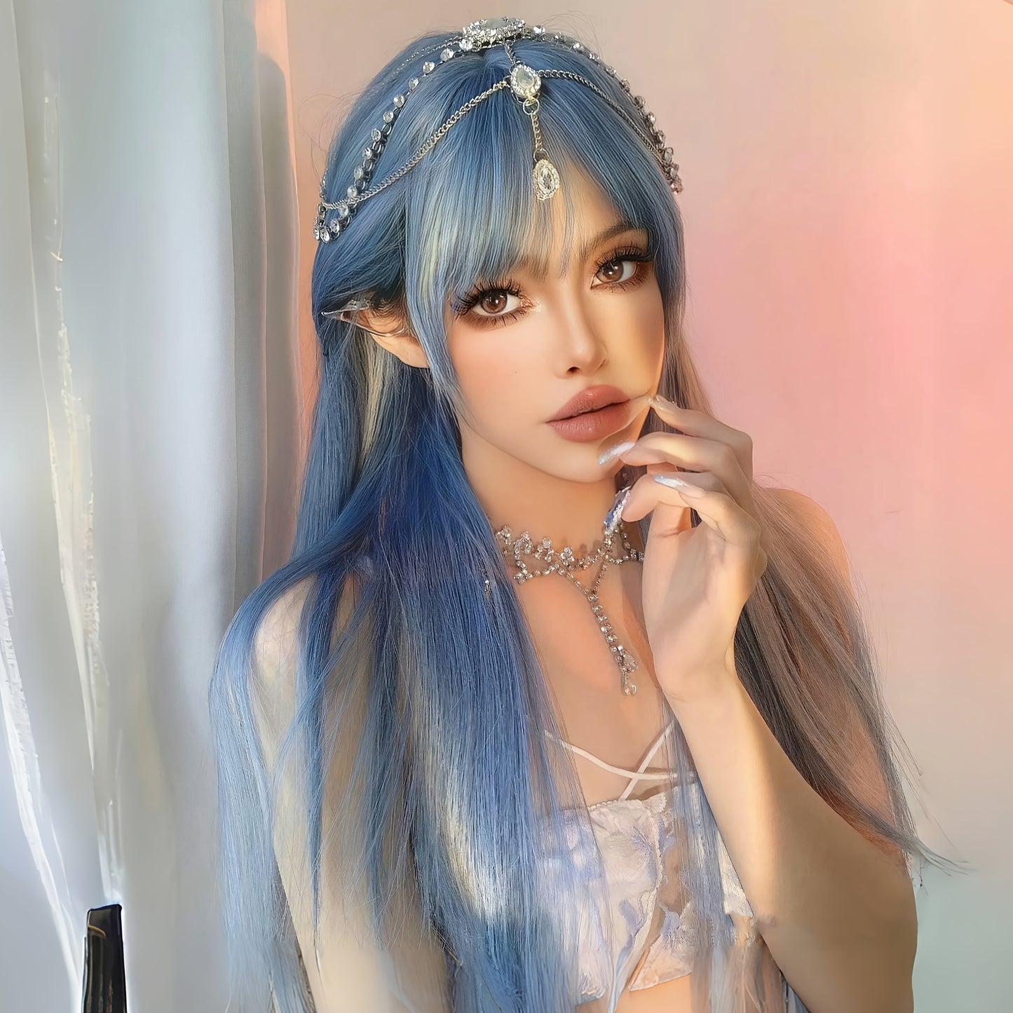 Lolita Style Long Blue Wig for Women - Heat Resistant Synthetic Straight Hair, Fantasy Cosplay & Party Wear, Black Mesh Shoulder Sleeves, Golden Chain Necklace, Perfect for Role Play & Themed Events, Cosplay Wig | Lolita Styl