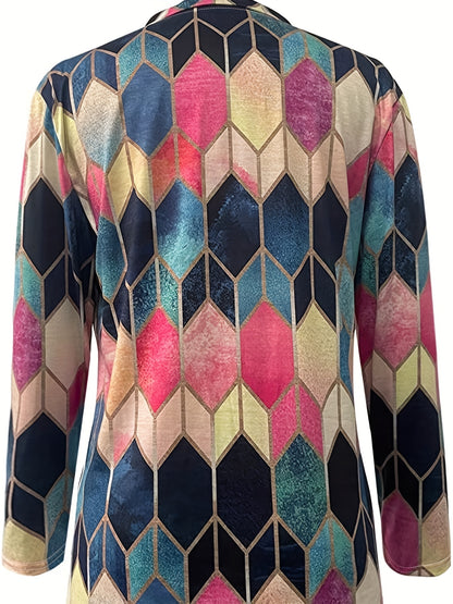 [Stretchy Shirt] Comfortable Stretchy Geometric Zip-Up Long Sleeve Shirt | Colorful Polyester Blend, Machine Washable - Casual Style for All Seasons