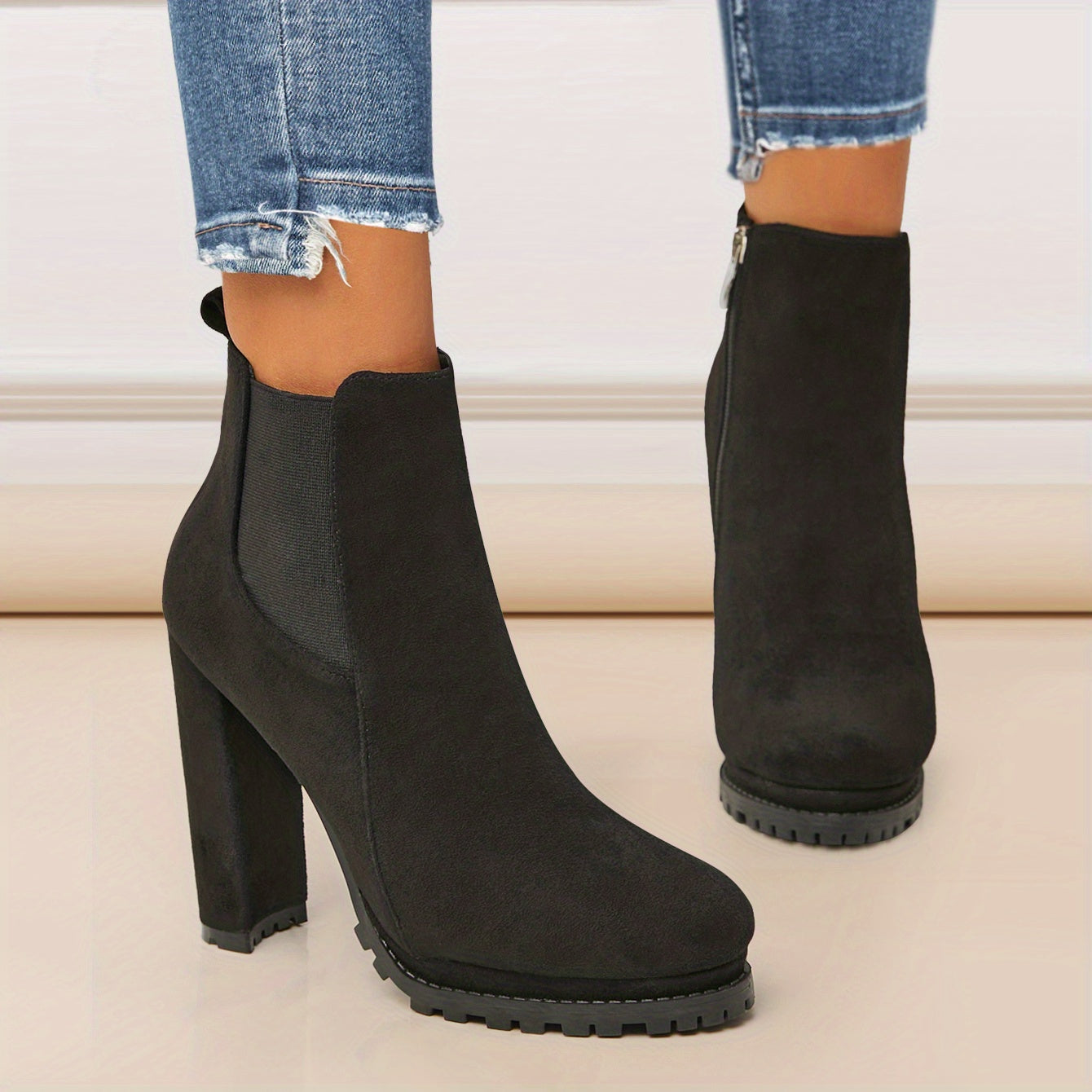 Stylish Pointed Toe Ankle Boots - Chunky Heeled, Platform, Side Zipper, Tound Toe, Comfortable Women's Footwear for Everyday Wear