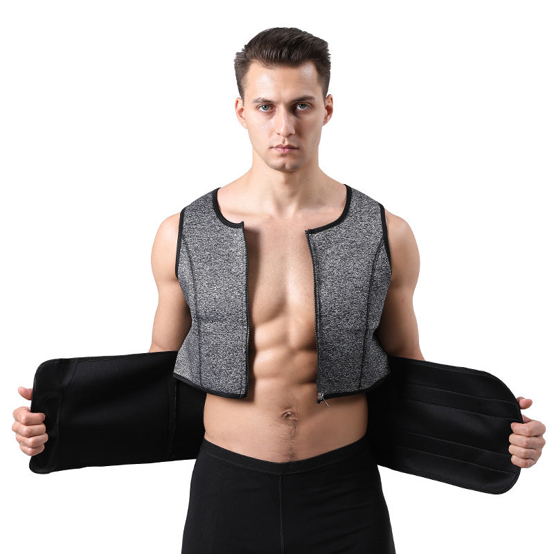 TKPARK Men's Adjustable Compression Tank Top & Waist Trainer - High-Elasticity Workout Shirt with Back Support, Sleeveless Gym Shaper Vest, Zipper Closure & Belt for Fitness Training, Fitness Compression Wear | Sleeveless Tan