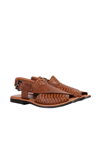 Eddie Men's Real Cow Leather Snake Print Peshawari Chappal Tan-2
