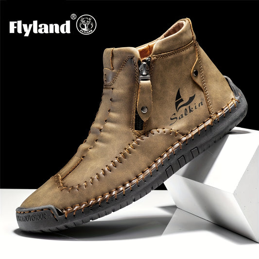 Comfortable Wear-resistant FLYLAND Men's Ankle Boots Vintage Style Non-slip Stitch Boots for Hiking Trekking Climbing Outdoor Shoes