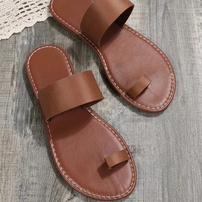 Women's Dark Brown Toe Loop Sandals, Open Round Toe Flat Comfy Fashion Slippers, Women's Indoor & Outdoor Slides