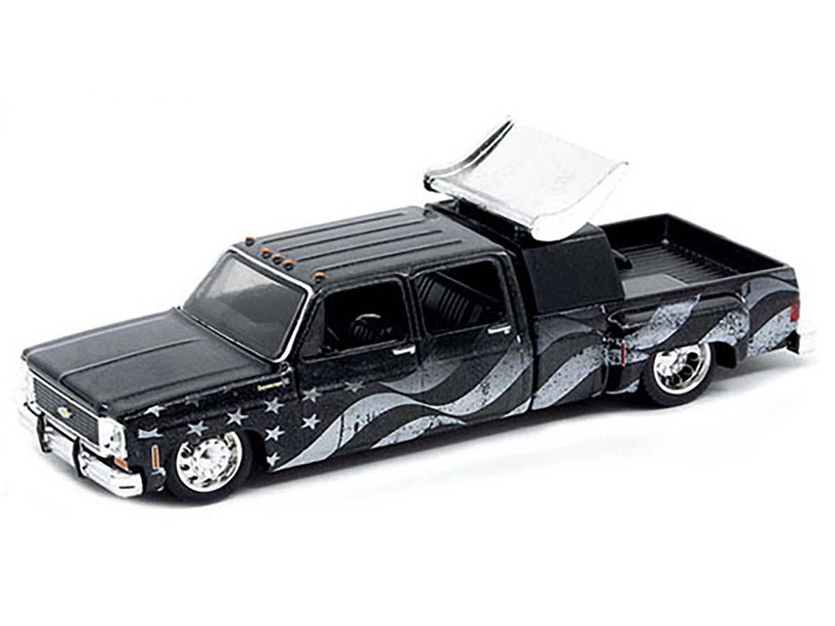 1973 Chevrolet Cheyenne Super 30 Pickup Truck Black with American Flag Graphics Limited Edition to 8250 pieces Worldwide 1/64 Diecast Model Car by M2 Machines-1