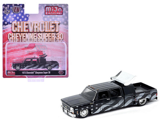 1973 Chevrolet Cheyenne Super 30 Pickup Truck Black with American Flag Graphics Limited Edition to 8250 pieces Worldwide 1/64 Diecast Model Car by M2 Machines-0