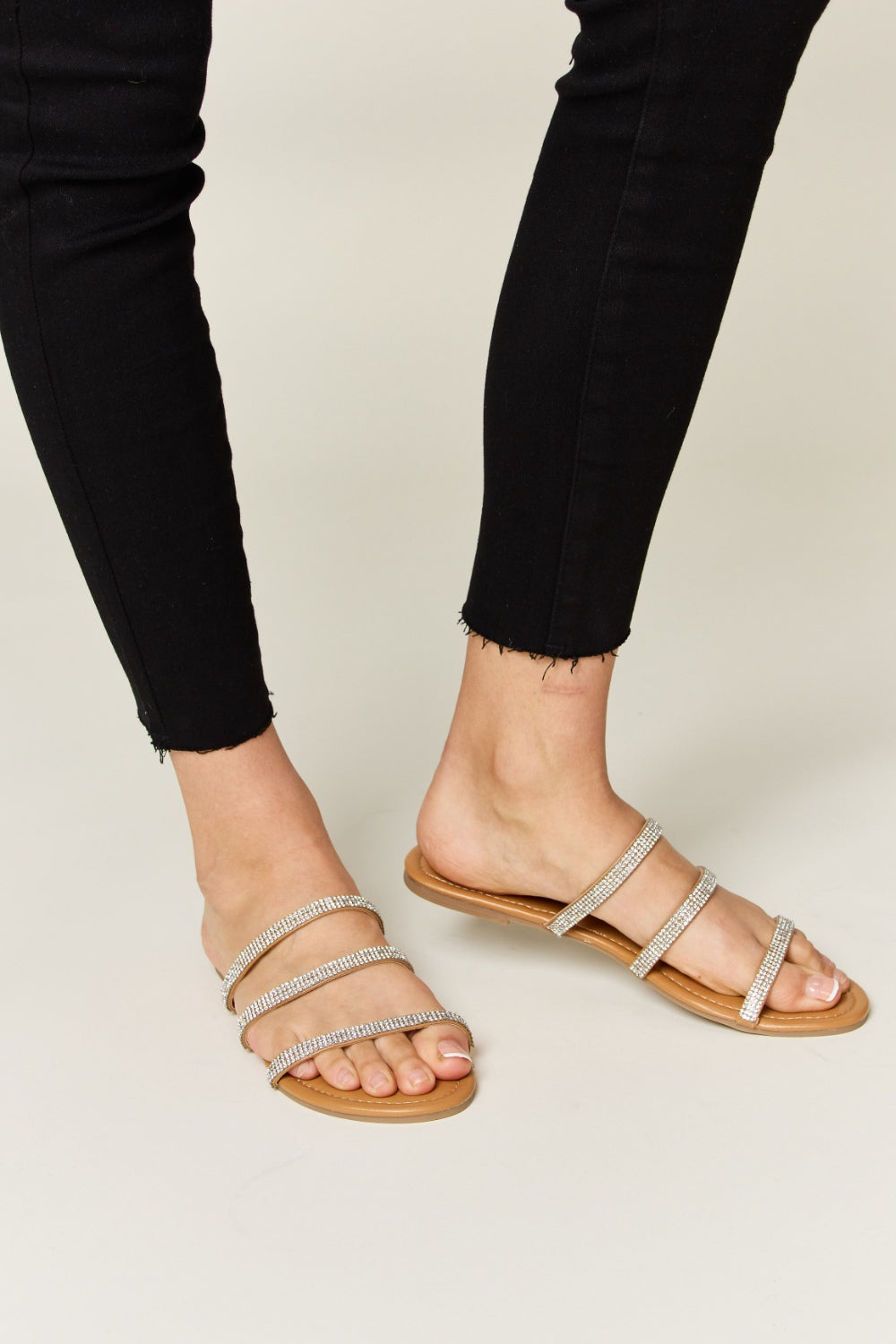 WILD DIVA Rhinestone Three-Strap Flat Sandals-2