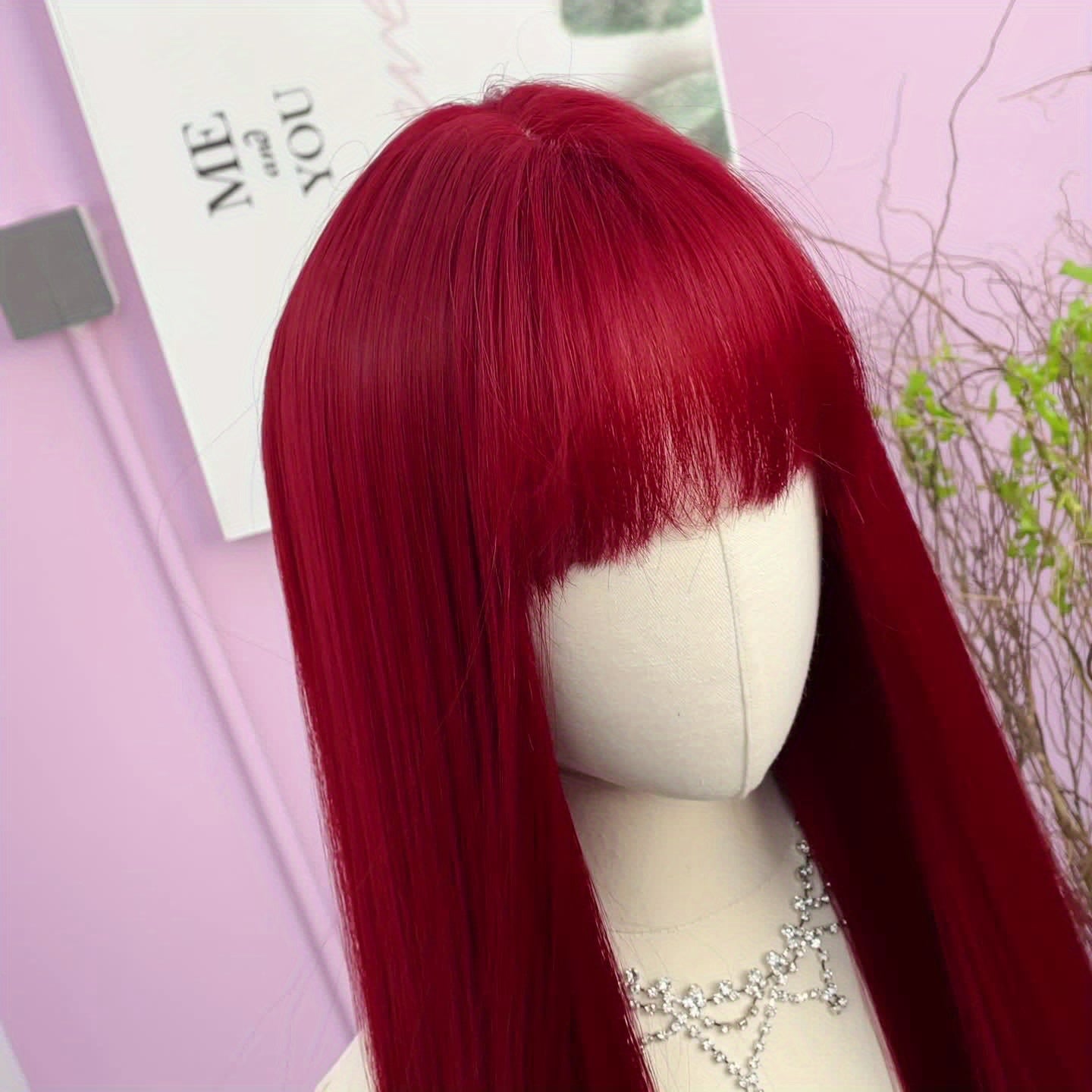 26 Inch Elegant Red Wig with Bangs for Women, Straight Heat Resistant Synthetic Hair, High Temperature Fiber, Rose Net Cap, Fashionable Long Wig