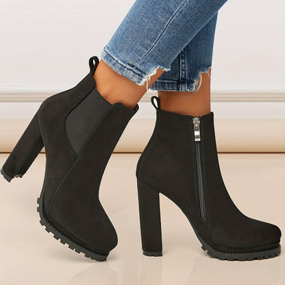 Stylish Pointed Toe Ankle Boots - Chunky Heeled, Platform, Side Zipper, Tound Toe, Comfortable Women's Footwear for Everyday Wear