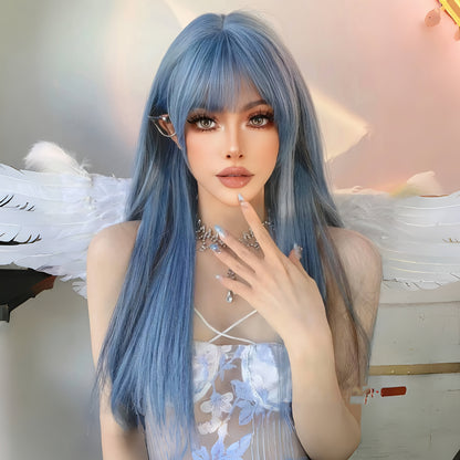 Lolita Style Long Blue Wig for Women - Heat Resistant Synthetic Straight Hair, Fantasy Cosplay & Party Wear, Black Mesh Shoulder Sleeves, Golden Chain Necklace, Perfect for Role Play & Themed Events, Cosplay Wig | Lolita Styl