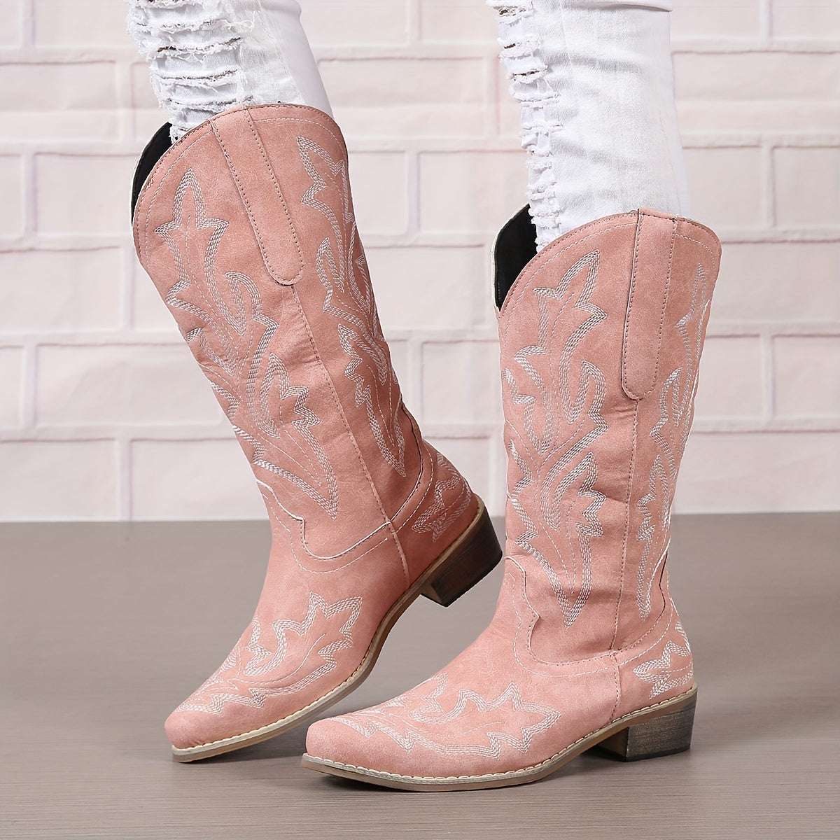 Women's Western Mid Calf Boots, V-cut Embroidery Cowgirl Boots, Retro Style Pointed Toe Slip On Shoes