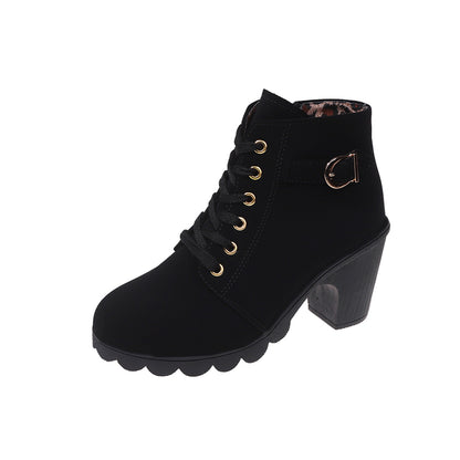 Women's Chunky Heel Ankle Boots - Black Faux Cover Lace-Up Side Zipper Booties with Golden Accents, Cap Toe & Comfortable Block Heel for Casual Outings