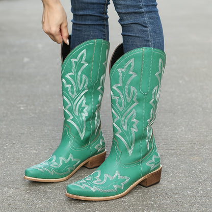 Women's Western Mid Calf Boots, V-cut Embroidery Cowgirl Boots, Retro Style Pointed Toe Slip On Shoes