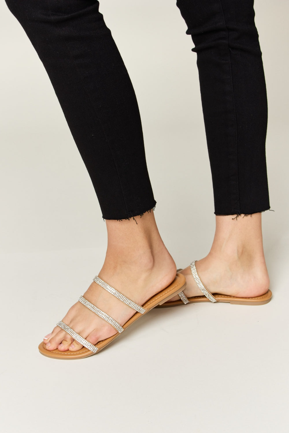 WILD DIVA Rhinestone Three-Strap Flat Sandals-4