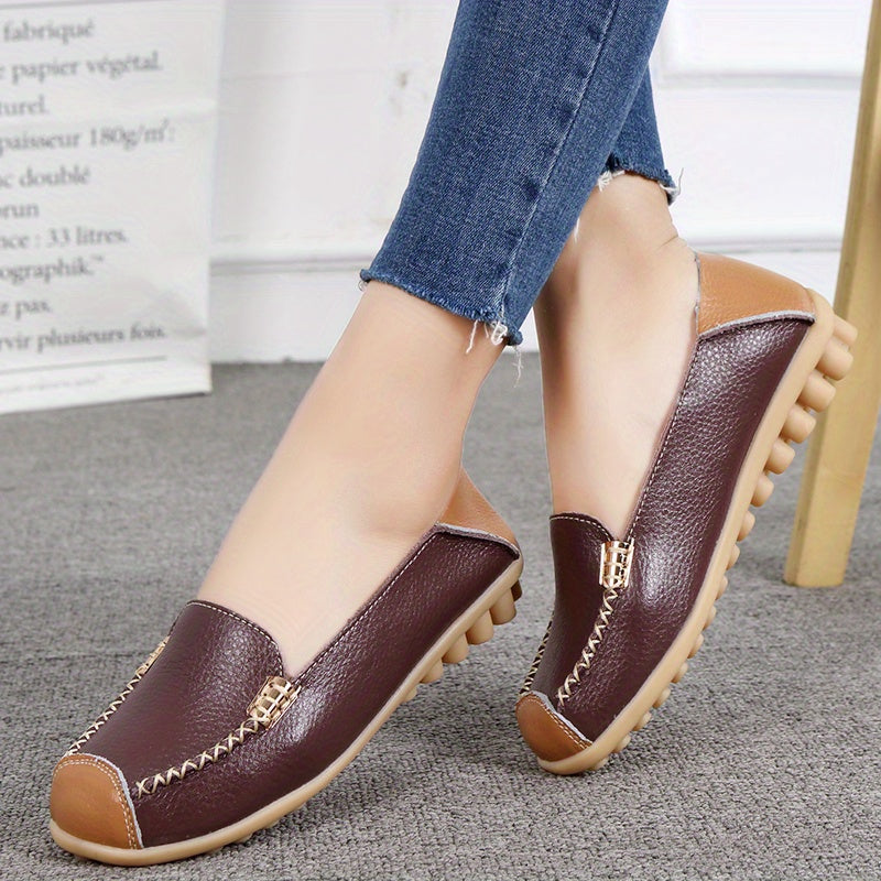 Lightweight Non Slip Women's Slip On Flat Loafers, Stitched Colorblock Walking Shoes