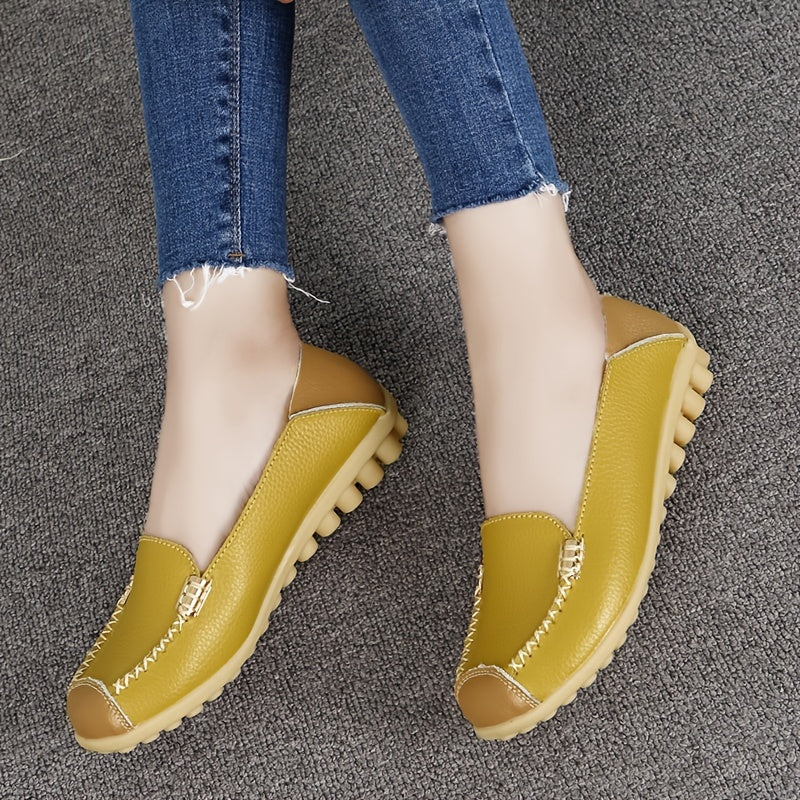 Lightweight Non Slip Women's Slip On Flat Loafers, Stitched Colorblock Walking Shoes