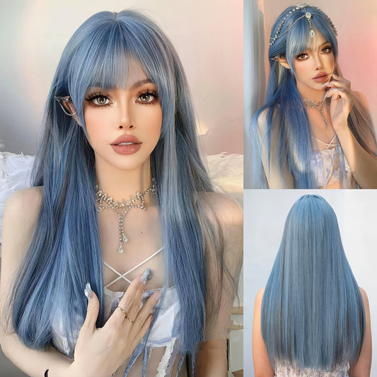 Lolita Style Long Blue Wig for Women - Heat Resistant Synthetic Straight Hair, Fantasy Cosplay & Party Wear, Black Mesh Shoulder Sleeves, Golden Chain Necklace, Perfect for Role Play & Themed Events, Cosplay Wig | Lolita Styl