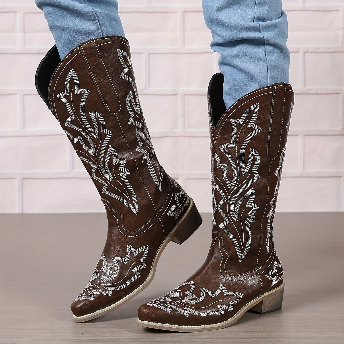 Women's Western Mid Calf Boots, V-cut Embroidery Cowgirl Boots, Retro Style Pointed Toe Slip On Shoes