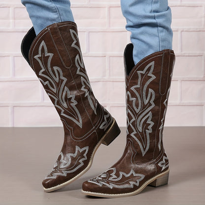 Women's Western Mid Calf Boots, V-cut Embroidery Cowgirl Boots, Retro Style Pointed Toe Slip On Shoes