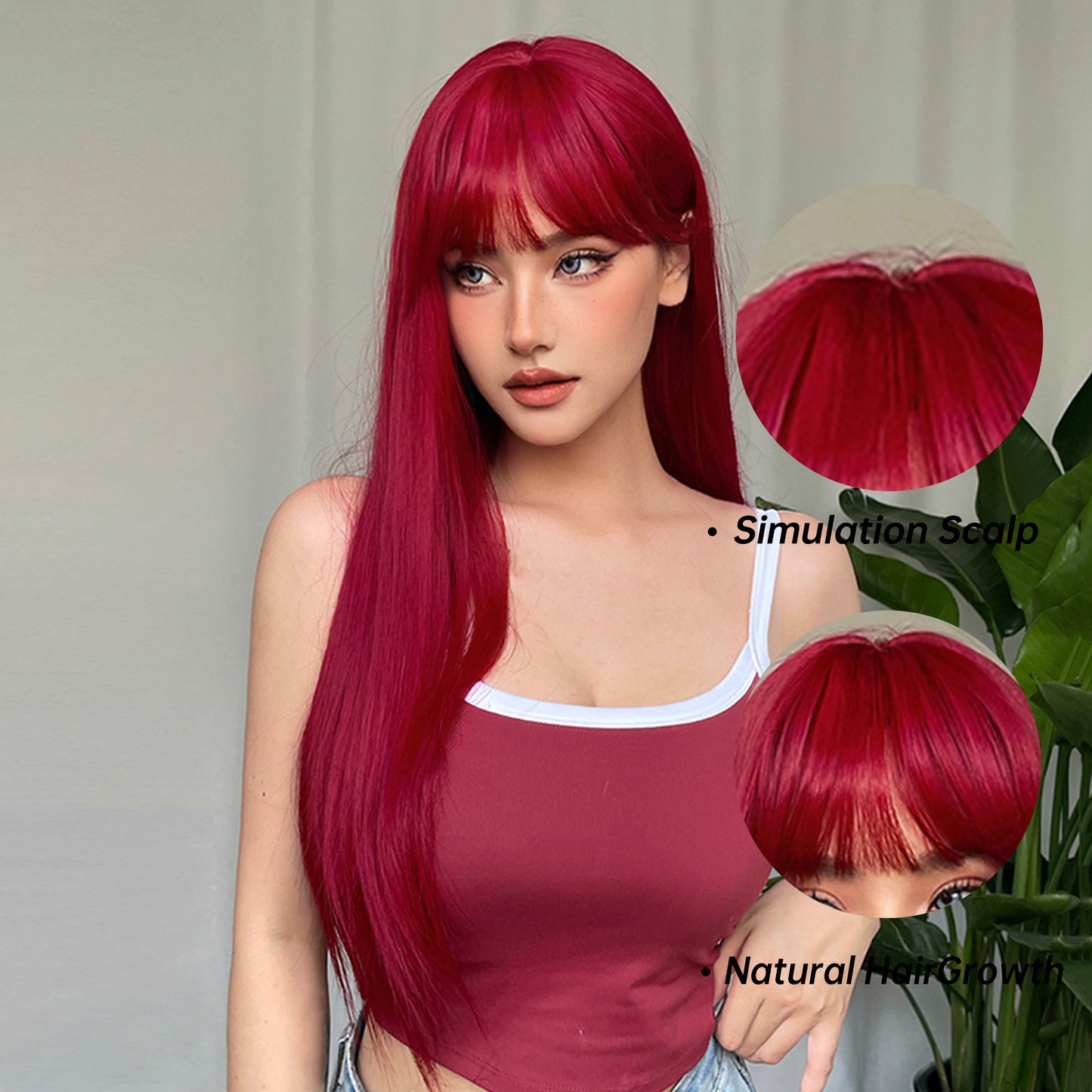 26 Inch Elegant Red Wig with Bangs for Women, Straight Heat Resistant Synthetic Hair, High Temperature Fiber, Rose Net Cap, Fashionable Long Wig