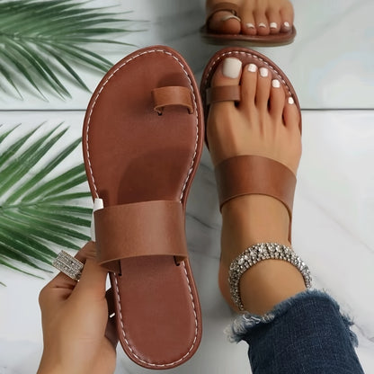 Women's Dark Brown Toe Loop Sandals, Open Round Toe Flat Comfy Fashion Slippers, Women's Indoor & Outdoor Slides