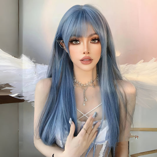 Lolita Style Long Blue Wig for Women - Heat Resistant Synthetic Straight Hair, Fantasy Cosplay & Party Wear, Black Mesh Shoulder Sleeves, Golden Chain Necklace, Perfect for Role Play & Themed Events, Cosplay Wig | Lolita Styl