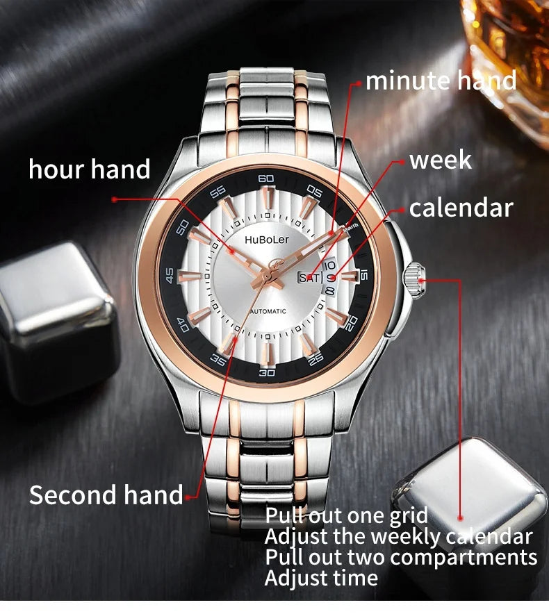 HANBORO Men's 41mm Stainless Steel Diver Mechanical Watch Fully Automatic Sapphire Case Glass Dial Window Business Style 22mm