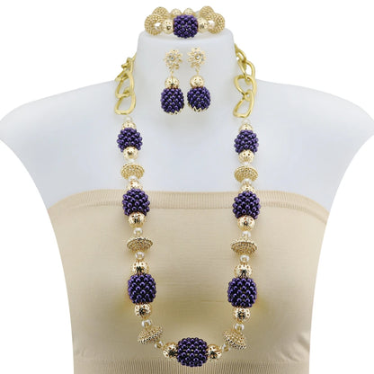 Zhuerrui Latest Crystal Beads Handmade Jewelry Sets Italy Gold Plated Women Bridal Jewelry Set Necklace Bracelet Earrings H40002