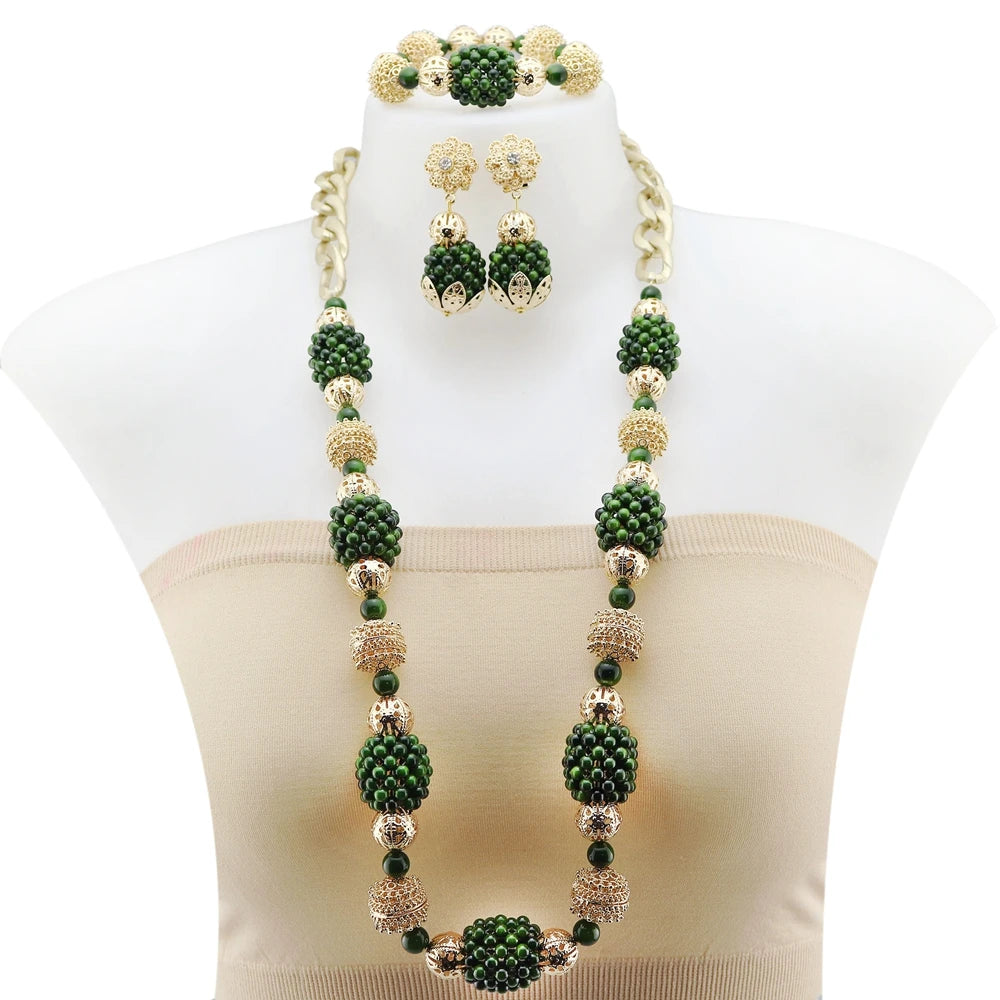 Zhuerrui Latest Crystal Beads Handmade Jewelry Sets Italy Gold Plated Women Bridal Jewelry Set Necklace Bracelet Earrings H40002