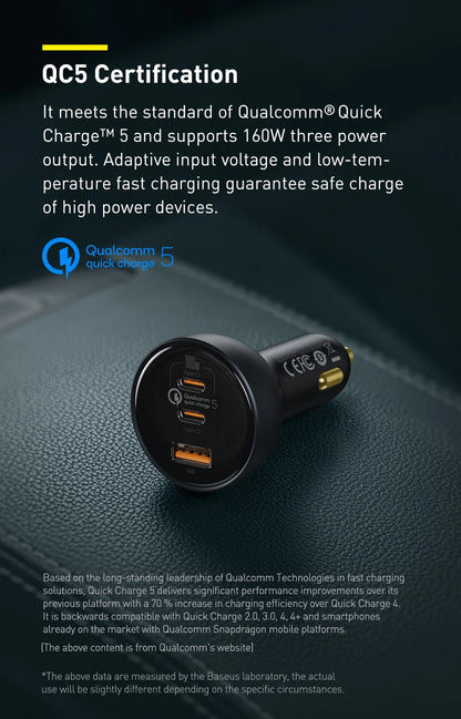 Baseus 160W Car Charger QC 5.0 Fast Quick Charging PPS PD3.0 USB Type C Car Phone Charge For iPhone 13 14 15 Pro Laptops Tablets