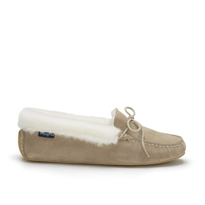 Women's slippers, sheepskin, taupe suede-0
