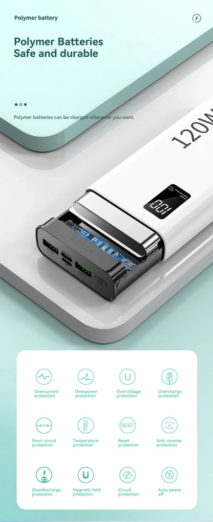 120W Super Fast Charging 50000 mAh Power Bank 100% sufficient capacity for mobile power supply for various mobile phones