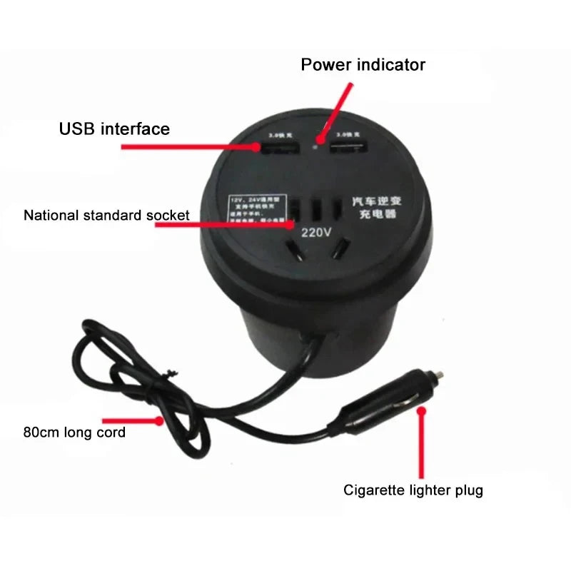 Car Charger Truck Trolley 12V/24V To 220V Multi-Function Inverter Converter Mobile Phone Socket Cup-Type Stable Fast Charging