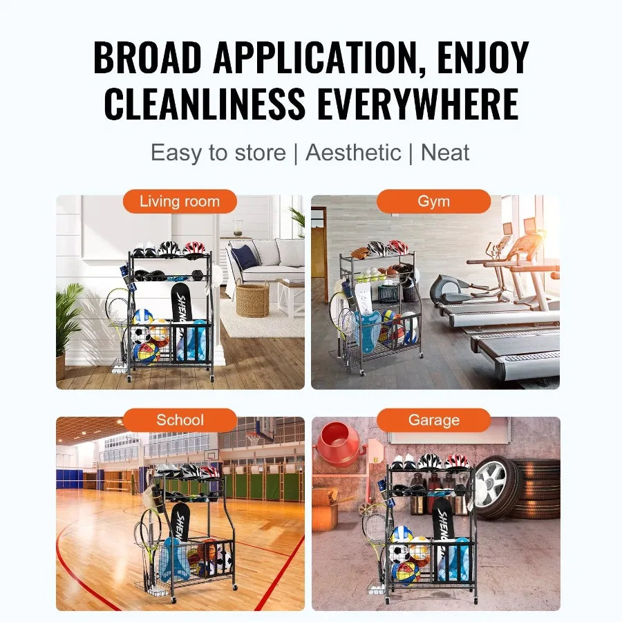 Sports Equipment Garage Organizer Rolling Ball Storage Cart on Wheels Basketball Rack with Baskets and Hooks Indoor Outdoor Sp