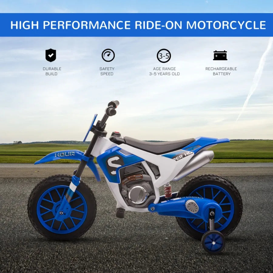 Aosom 12V Motorcycle Dirt Bike Electric BatteryPowered RideOn Toy Offroad Street Bike with Charging Battery Training Wheels Blu