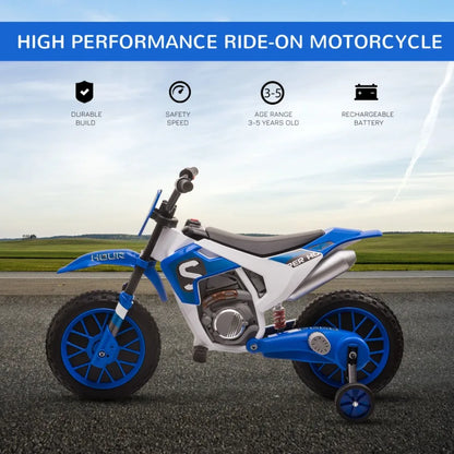 Aosom 12V Motorcycle Dirt Bike Electric BatteryPowered RideOn Toy Offroad Street Bike with Charging Battery Training Wheels Blu