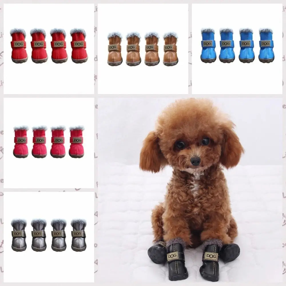 Fashion Warm Pet Snow Boots Soft Waterproof Winter Pet Dog Shoes Non Slip Plush/PU for 4Pcs/Set Winter